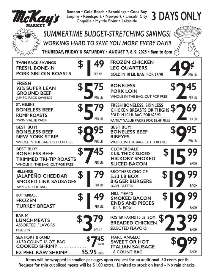 🔥Last Summer Sale🔥3 Days Only! Thursday, Friday, and Saturday! All locations! August 7, 8, 9 2025 8-6pm
See More Deals at https://www.mckaysmarket.com/find-your-store/