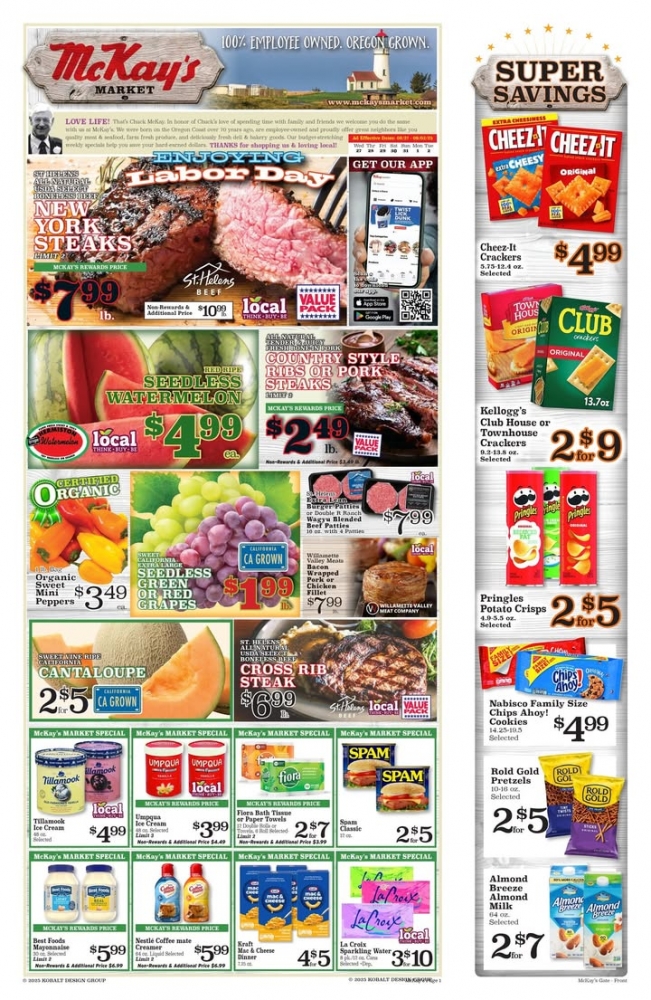 Labor Day Deals are here! Wow New York Steaks are only $7.99/lb. with rewards! Also enjoy red or green seedless grapes 🍇 for only $1.99/lb.
See more deals at: https://www.mckaysmarket.com/find-your-store/Photos from McKay's Markets's post