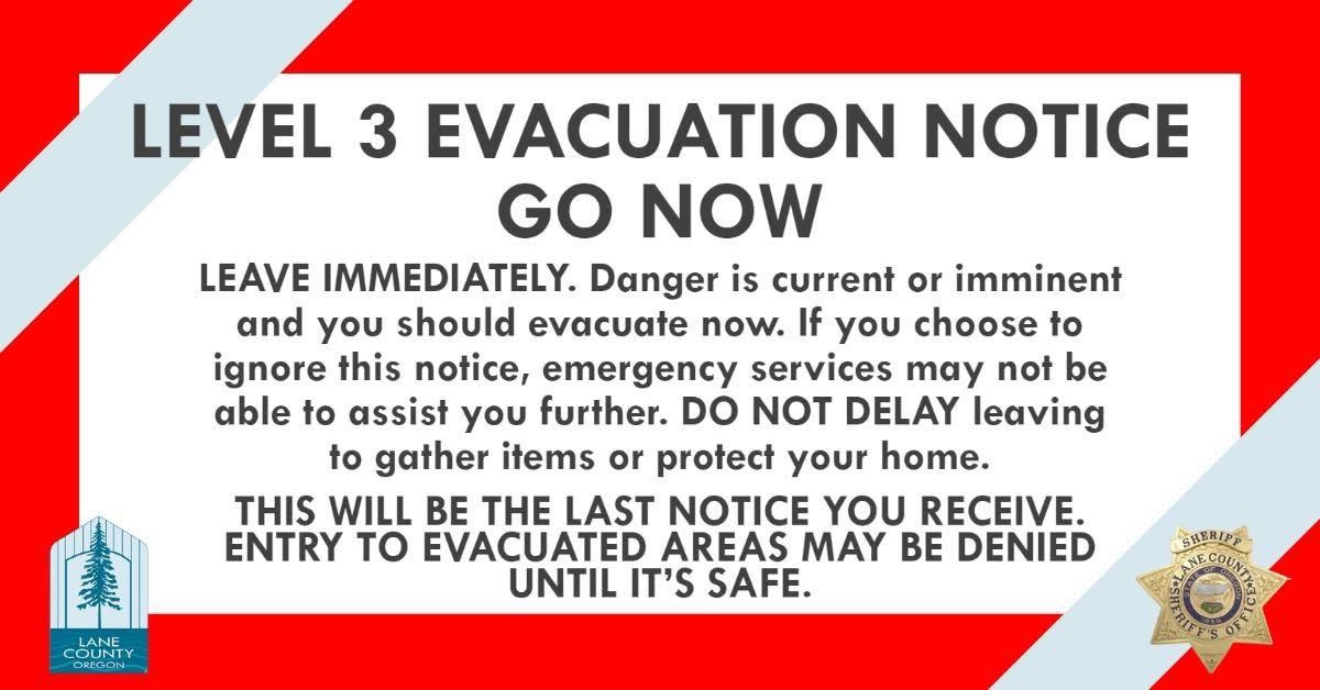 8/28/25 - Evacuation notice for area east of Central Road, Veneta
This is an emergency notice from the LANE COUNTY SHERIFF'S OFFICE. There is a wildfire in your area. The following areas and neighborhoods are being issued a Level 3 (GO NOW) evacuation notice:
ALL RESIDENCES ON HALDERSON ROAD, WEST TO CENTRAL ROAD BETWEEN PERKINS ROAD AND CANTRELL RD
Searchable evacuation map: https://bit.ly/LCEvacMap
Level 3 means leave immediately! Do NOT take time to gather things or make efforts to protect your home. GO NOW!
Failure to evacuate may result in injury or death. Drive carefully, turn on your headlights, and follow any directions from responders.
If you choose to ignore this notice, responders may not be available to assist you further.
If you will need assistance evacuating people or animals, call: 541-682-4141.
After you evacuate continue to monitor local news, and your phone to receive further information about evacuation changes, shelter locations and other resources.
Entry to evacuated areas will be denied until it is safe.
