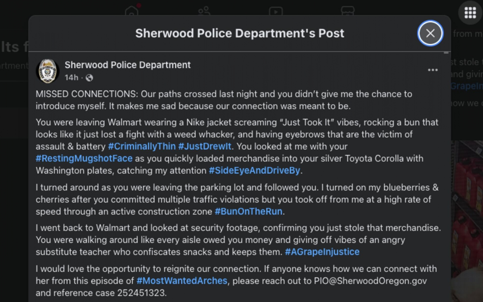 Oregon police department's satirical 'missed connections' post goes viral