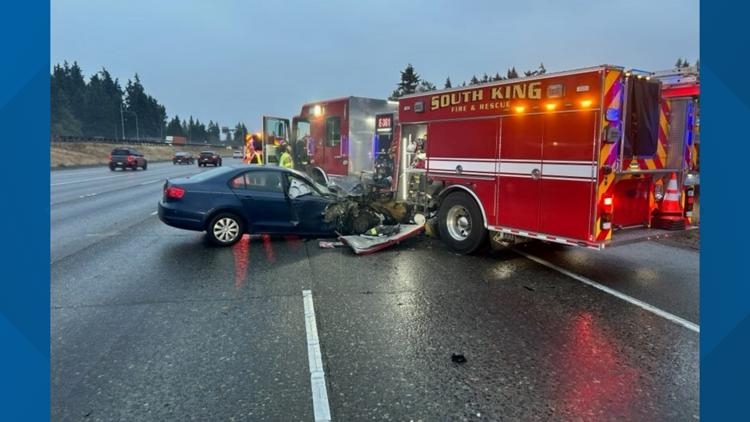 Firefighter recovers after sedan driver reportedly falls asleep, hits fire truck on I-5 in Washington