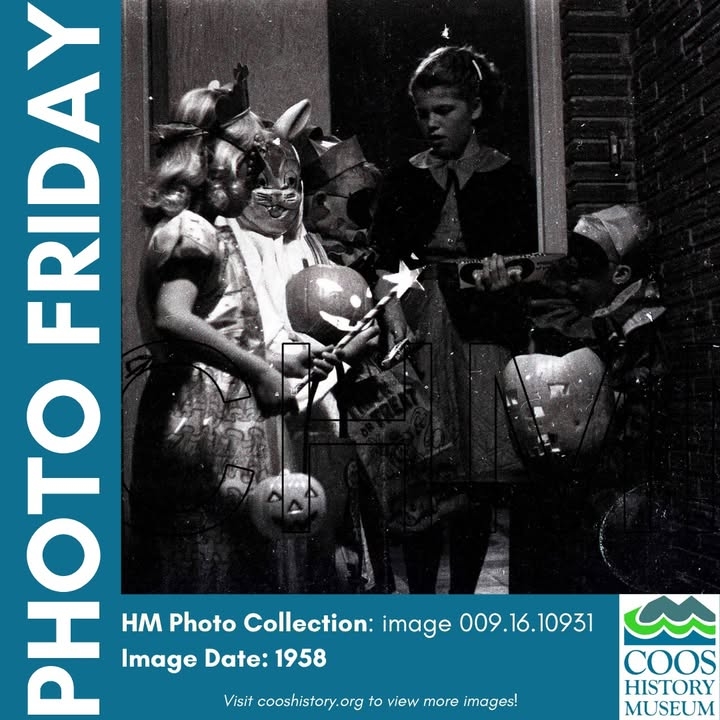 Spooky Season #PhotoFriday👻🍬  
This month, we’re diving into all things Halloween! 🎃 To kick it off, here’s a look back at 1958, when kids dressed up and hit the streets of Coos County for a night of trick-or-treating. Costumes, candy, and classic Halloween fun!  
#PhotoFriday #HalloweenHistory #CoosHistoryMuseum #ThrowbackHalloween