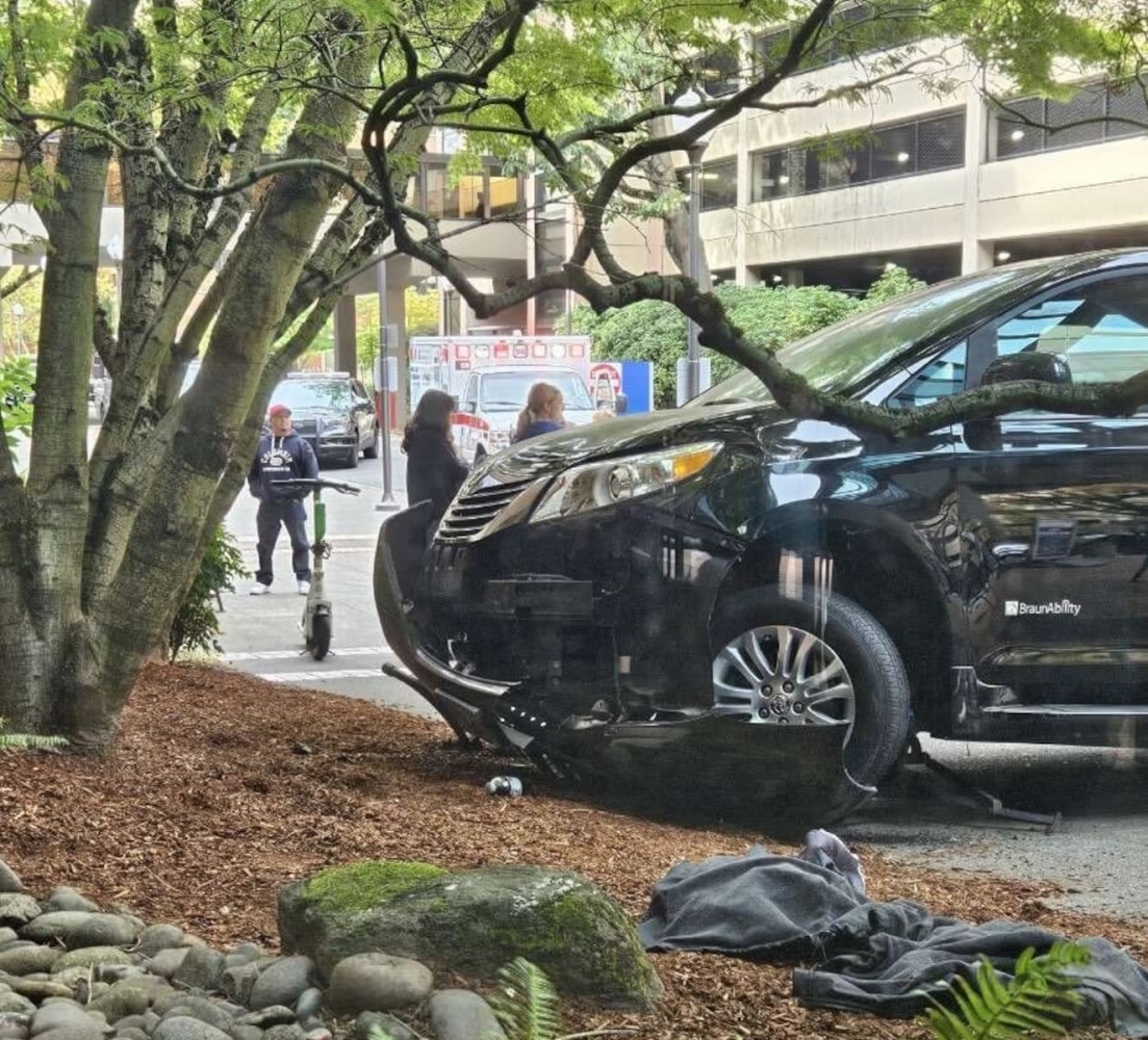 Woman hospitalized after driver jumps curb, strikes her outside Portland hospital
