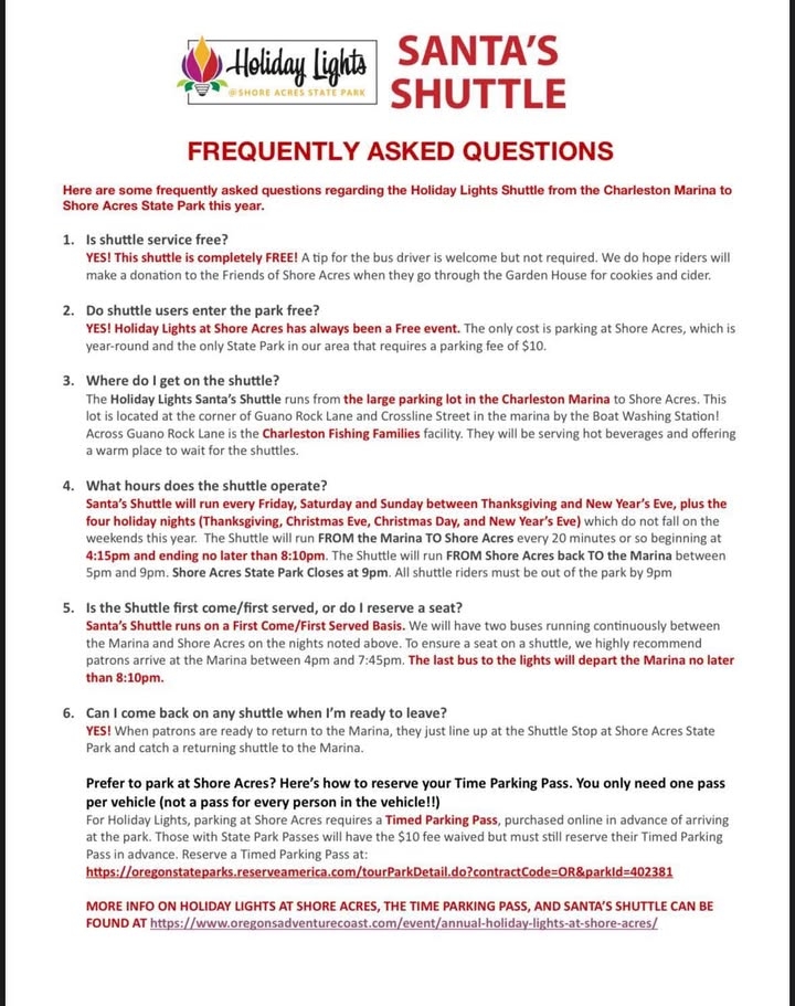 Holiday Lights Santa Shuttle information for 2025  Holiday Lights for visitors that prefer not to make reservations. The Shuttle runs Fridays, Saturdays, Sundays and all holidays from the big parking lot in the Charleston Marina. Check out the frequently asked questions below for details!