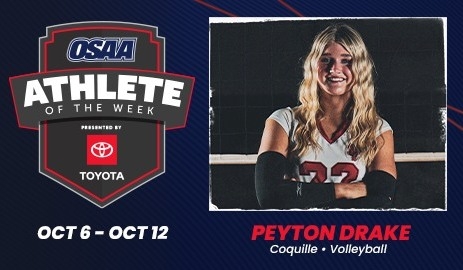 🏐 Congratulations, Peyton Drake! 🏐  
  
Coquille High School junior Peyton Drake has been named the OSAA Athlete of the Week! 🎉  
  
This week, Peyton tallied an impressive 42 digs, showing incredible defensive consistency that helped lead the Red Devils to two big league wins over South Umpqua and Douglas!  
  
The Red Devils are now 10-5 on the season and 6-0 in Far West League play! 🔥  
  
Way to go, Peyton — your hard work, leadership, and determination shine bright on and off the court! ❤️🏐  
  
#CoquilleRedDevils #RedDevilPride #OSAA #AthleteOfTheWeek #VolleyballStrong