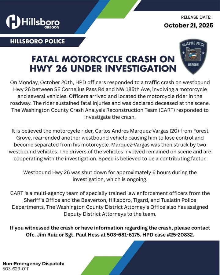 On Monday, October 20th, HPD officers responded to a traffic crash on westbound Hwy 26 between SE Cornelius Pass Rd and NW 185th Ave, involving a motorcycle and several vehicles. Officers arrived and located the motorcycle rider in the roadway. The rider sustained fatal injuries and was declared deceased at the scene. The Washington County Crash Analysis Reconstruction Team (CART) responded to investigate the crash.  
   
It is believed the motorcycle rider, Carlos Andres Marquez-Vargas (20) from Forest Grove, rear-ended another westbound vehicle causing him to lose control and become separated from his motorcycle. Marquez-Vargas was then struck by two westbound vehicles. The drivers of the vehicles involved remained on scene and are cooperating with the investigation. Speed is believed to be a contributing factor.  
   
Westbound Hwy 26 was shut down for approximately 6 hours during the investigation, which is ongoing.  
   
CART is a multi-agency team of specially trained law enforcement officers from the Sheriff's Office and the Beaverton, Hillsboro, Tigard, and Tualatin Police Departments. The Washington County District Attorney's Office also has assigned Deputy District Attorneys to the team.  
   
If you witnessed the crash or have information regarding the crash please contact Ofc. Jim Ruiz or Sgt. Paul Hess at 503-681-6175. HPD case #25-20832.